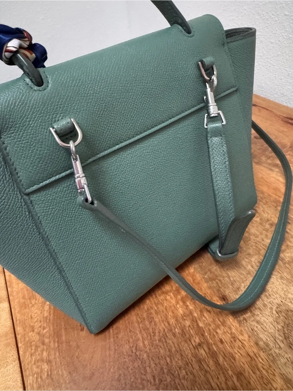 Celine Sage Green Leather Satchel with  Scarf Accent